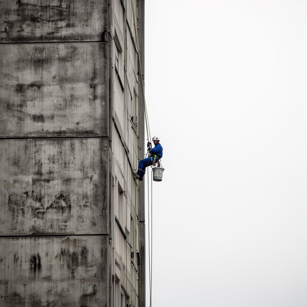 Fachada de concreto com profissional em rapel